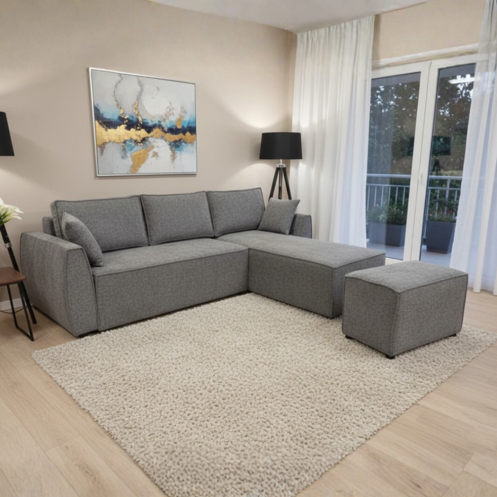 Аголна гарнитура Хуго + табуретка во реален простор-дневна соба